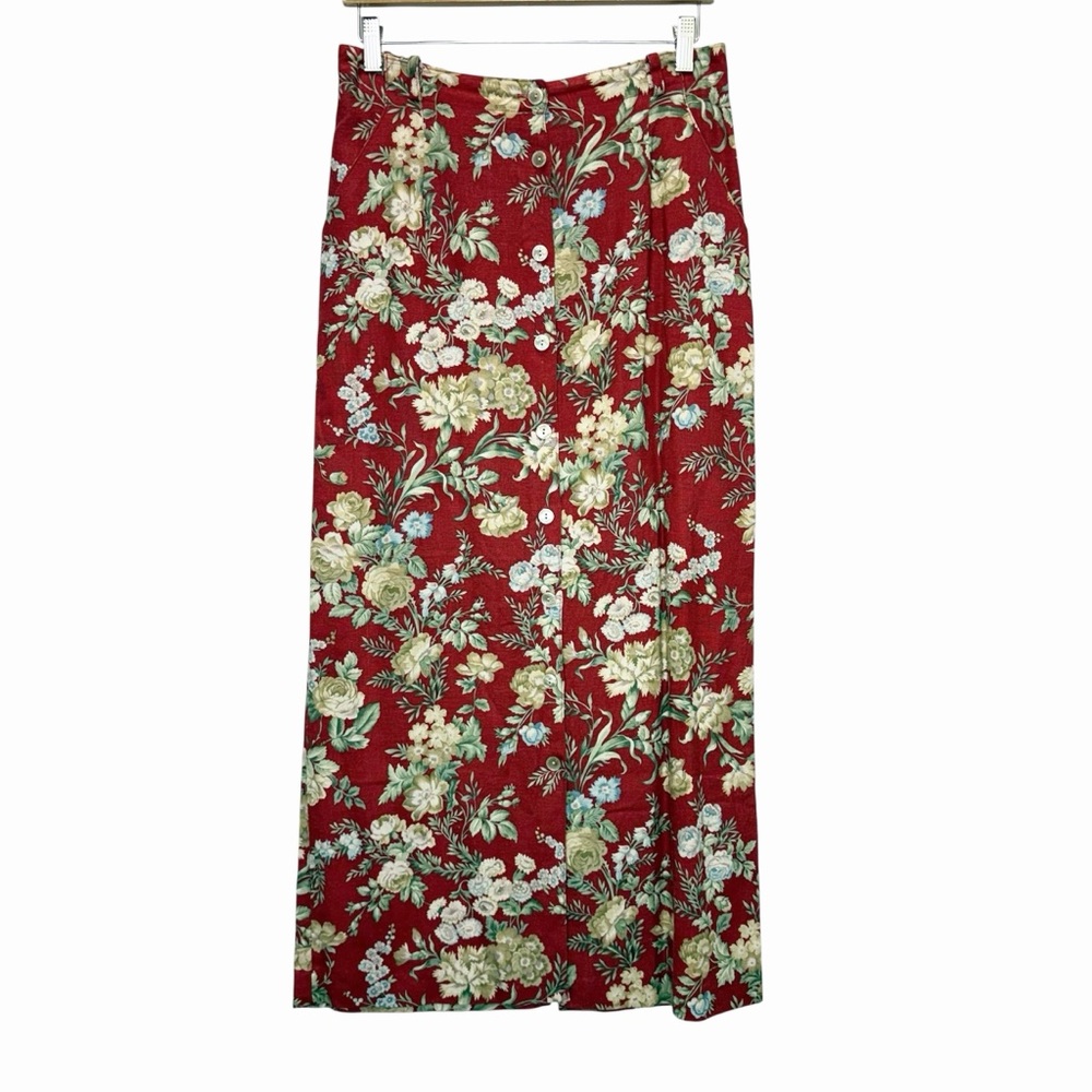 Orvis Vintage Red Floral Button Up Linen Blend Midi Skirt Size US 10
